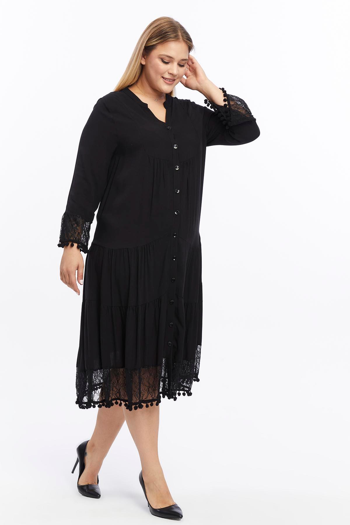 Kol Ve Eteği Dantel Detaylı Ponponlu Büyük Beden Elbise Siyah