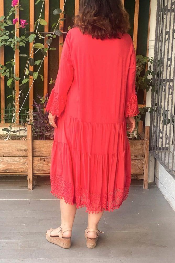 Kol Ve Eteği Dantel Detaylı Ponponlu Büyük Beden Elbise Mercan2