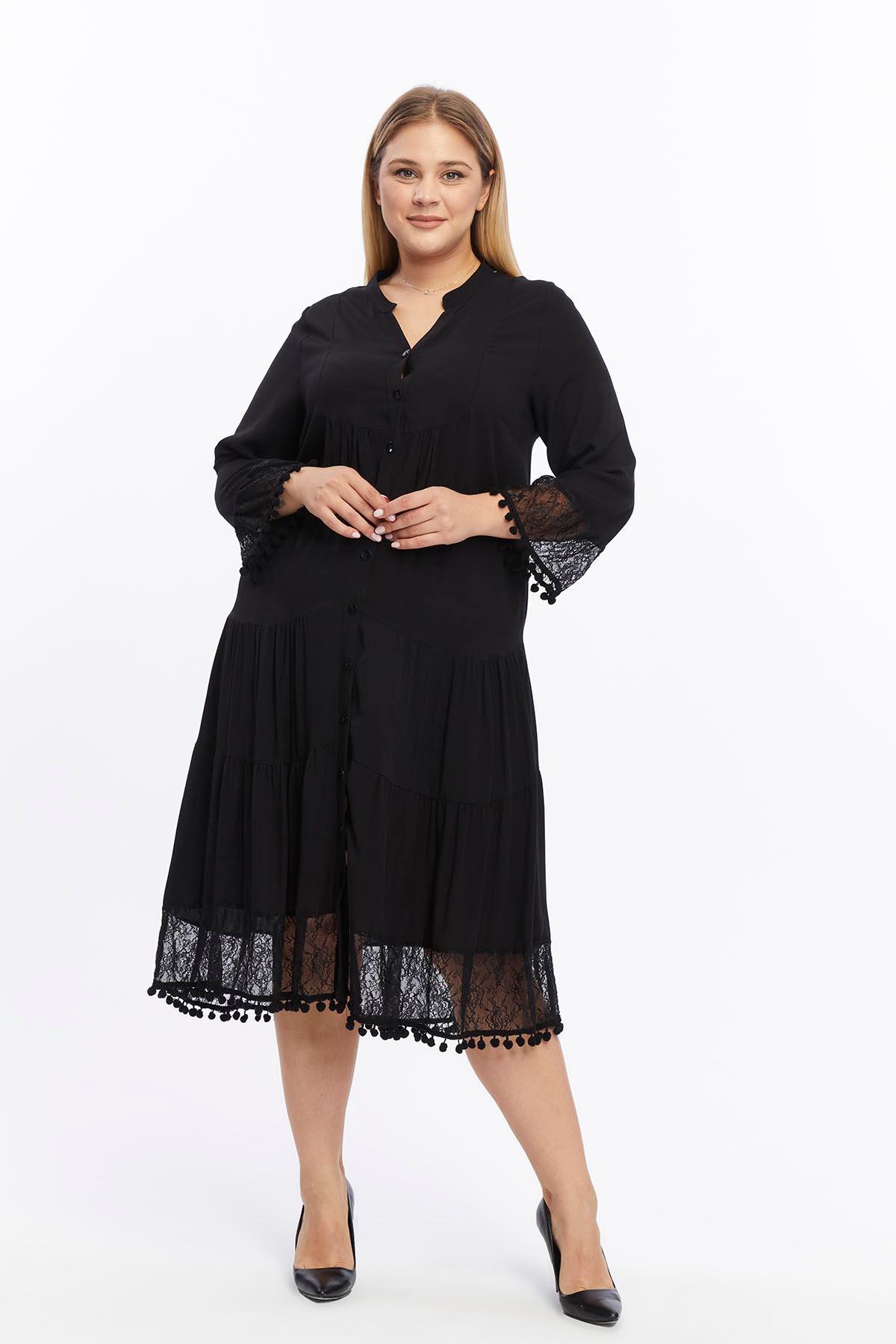 Kol Ve Eteği Dantel Detaylı Ponponlu Büyük Beden Elbise Siyah