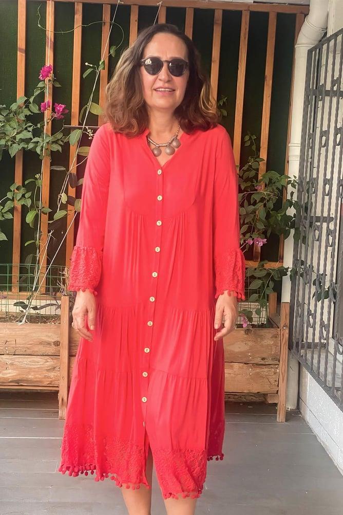 Kol Ve Eteği Dantel Detaylı Ponponlu Büyük Beden Elbise Mercan2