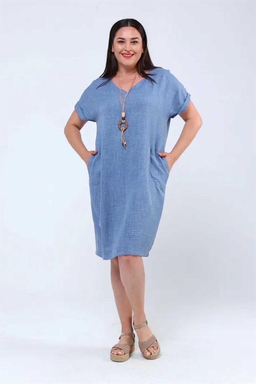 Kolyeli Büyük Beden Keten Ayrobin Elbise Mavi