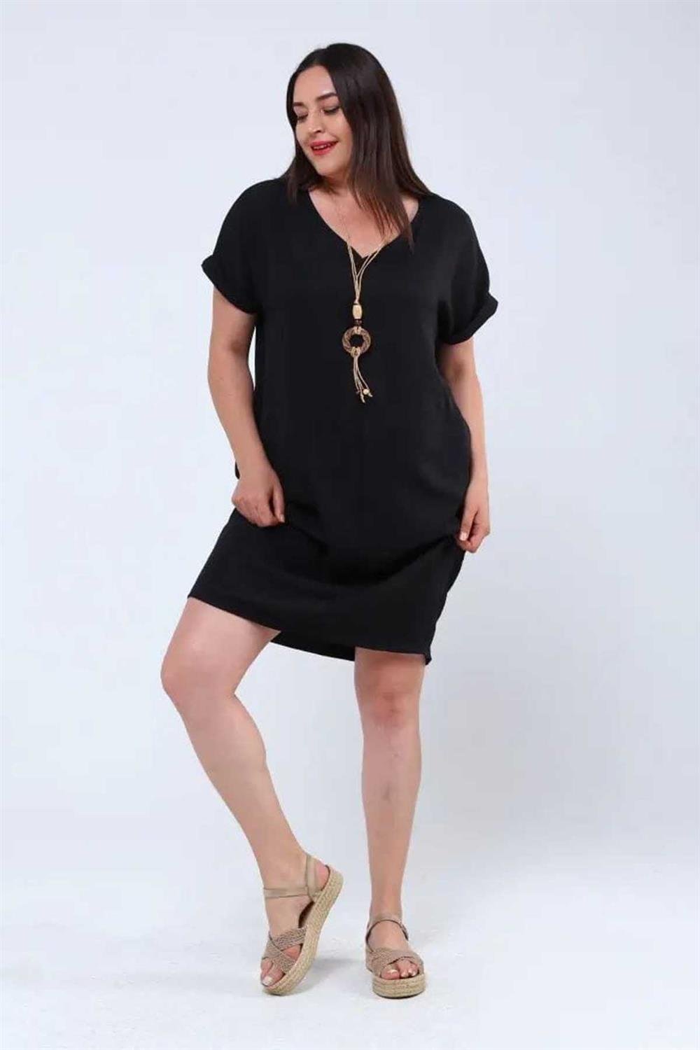Kolyeli Büyük Beden Keten Ayrobin Elbise Siyah