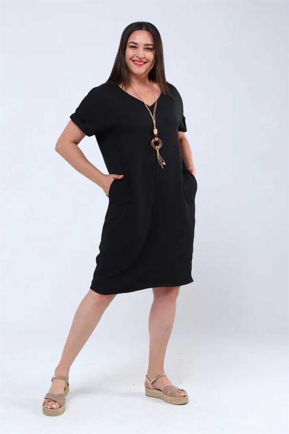 Kolyeli Büyük Beden Keten Ayrobin Elbise Siyah