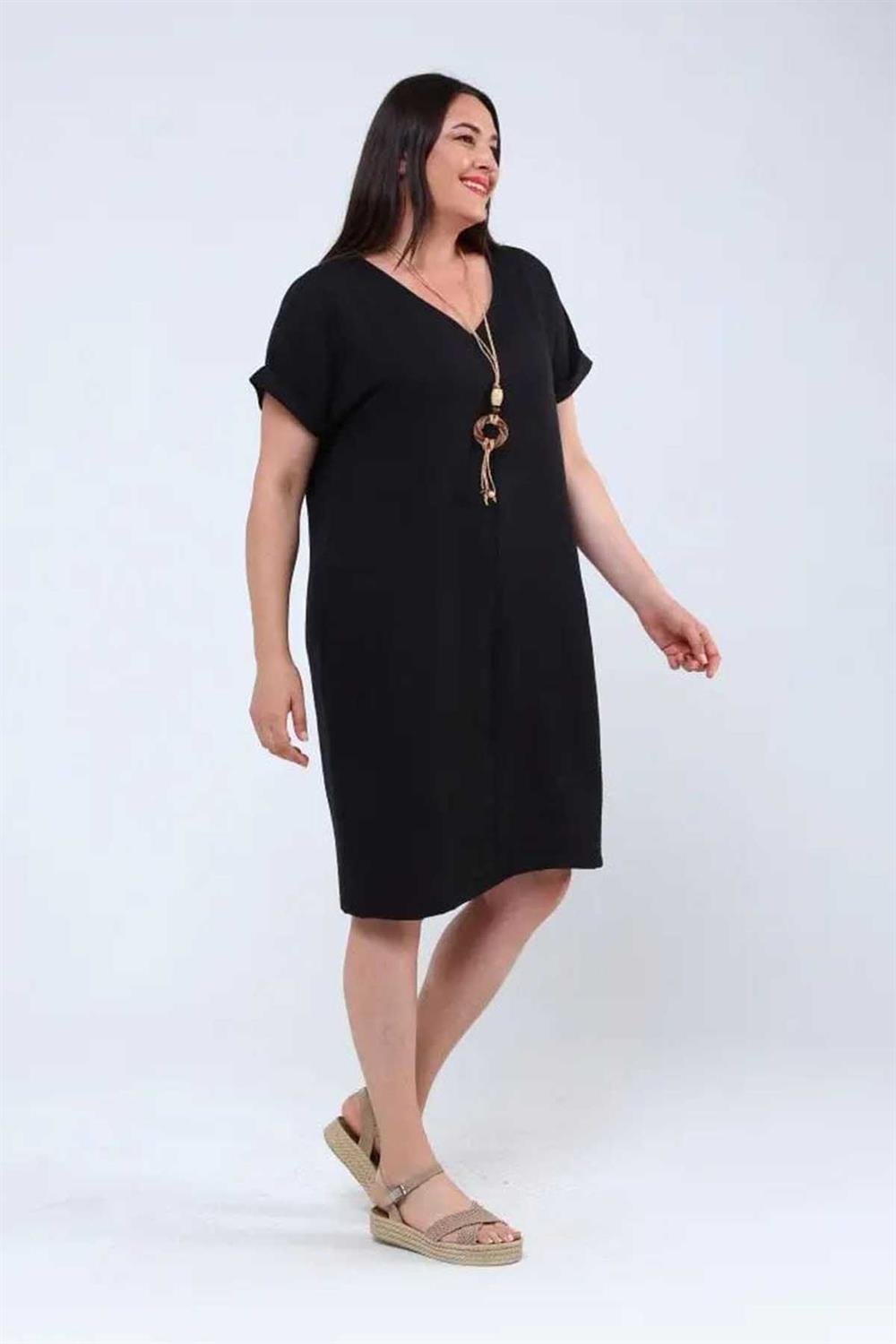 Kolyeli Büyük Beden Keten Ayrobin Elbise Siyah