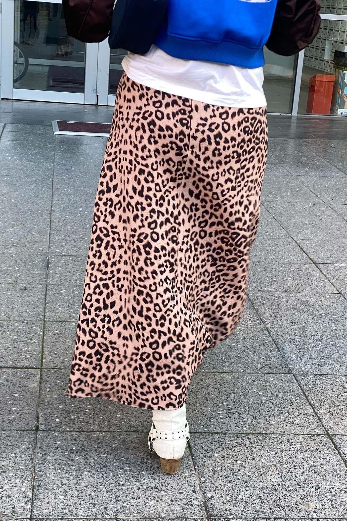 Leopar Desen Büyük Beden Etek Vizon