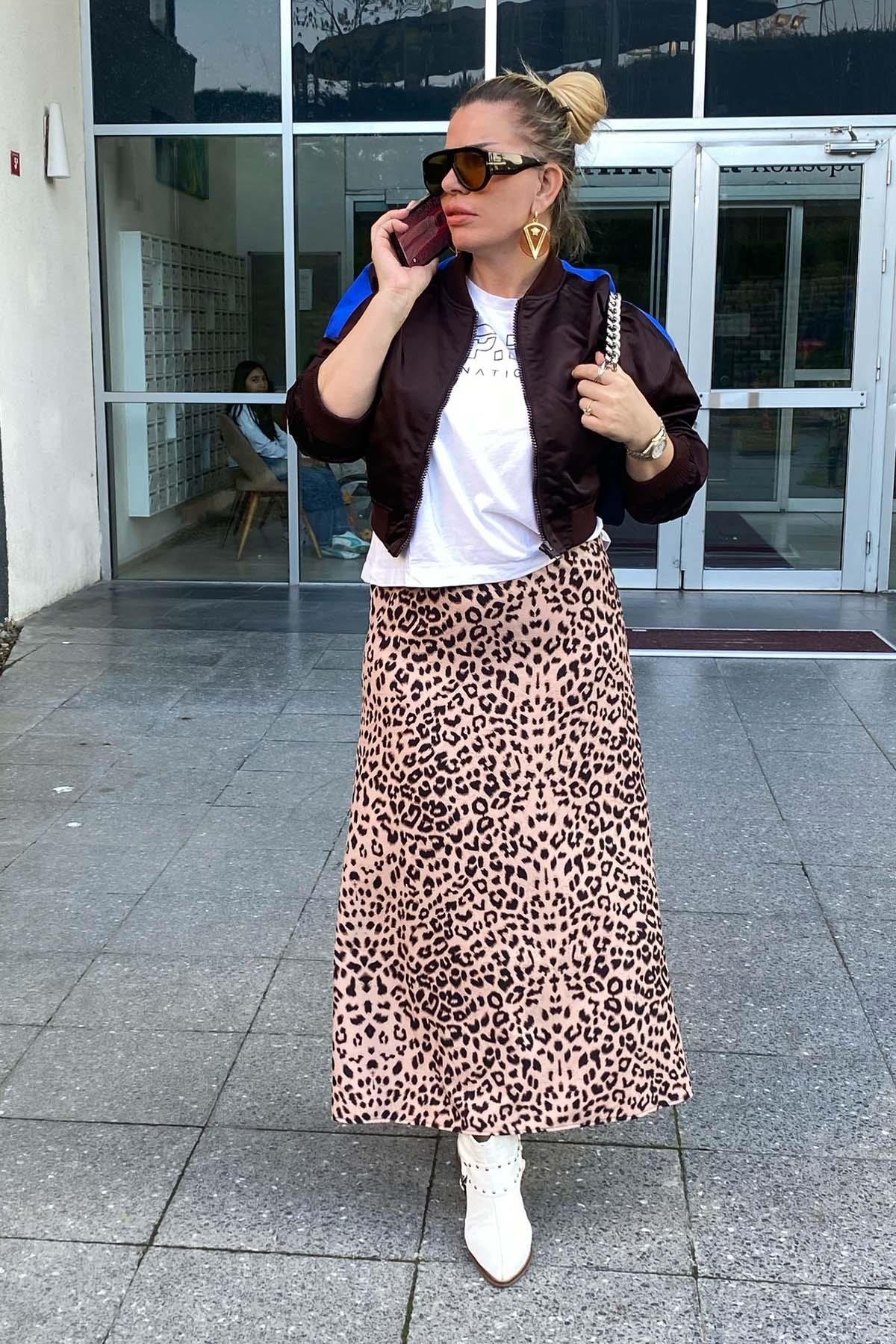 Leopar Desen Büyük Beden Etek Vizon