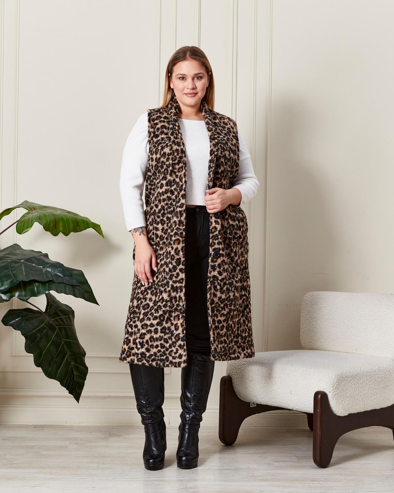 Leopar Desen Yumuşak Dokulu Buklet Yelek DESENLI