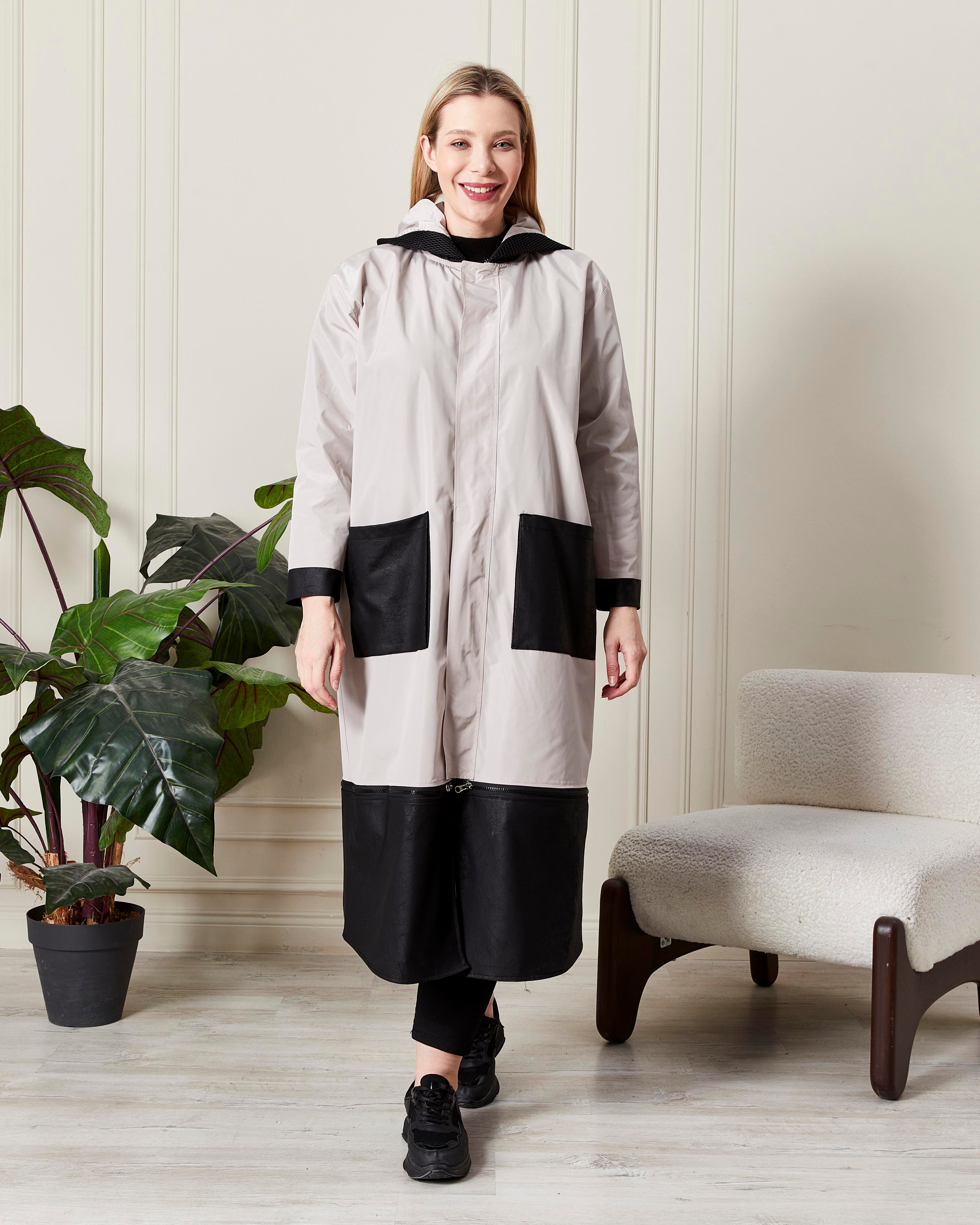 Modern Kesim Kapüşonlu Yağmurluk Krem