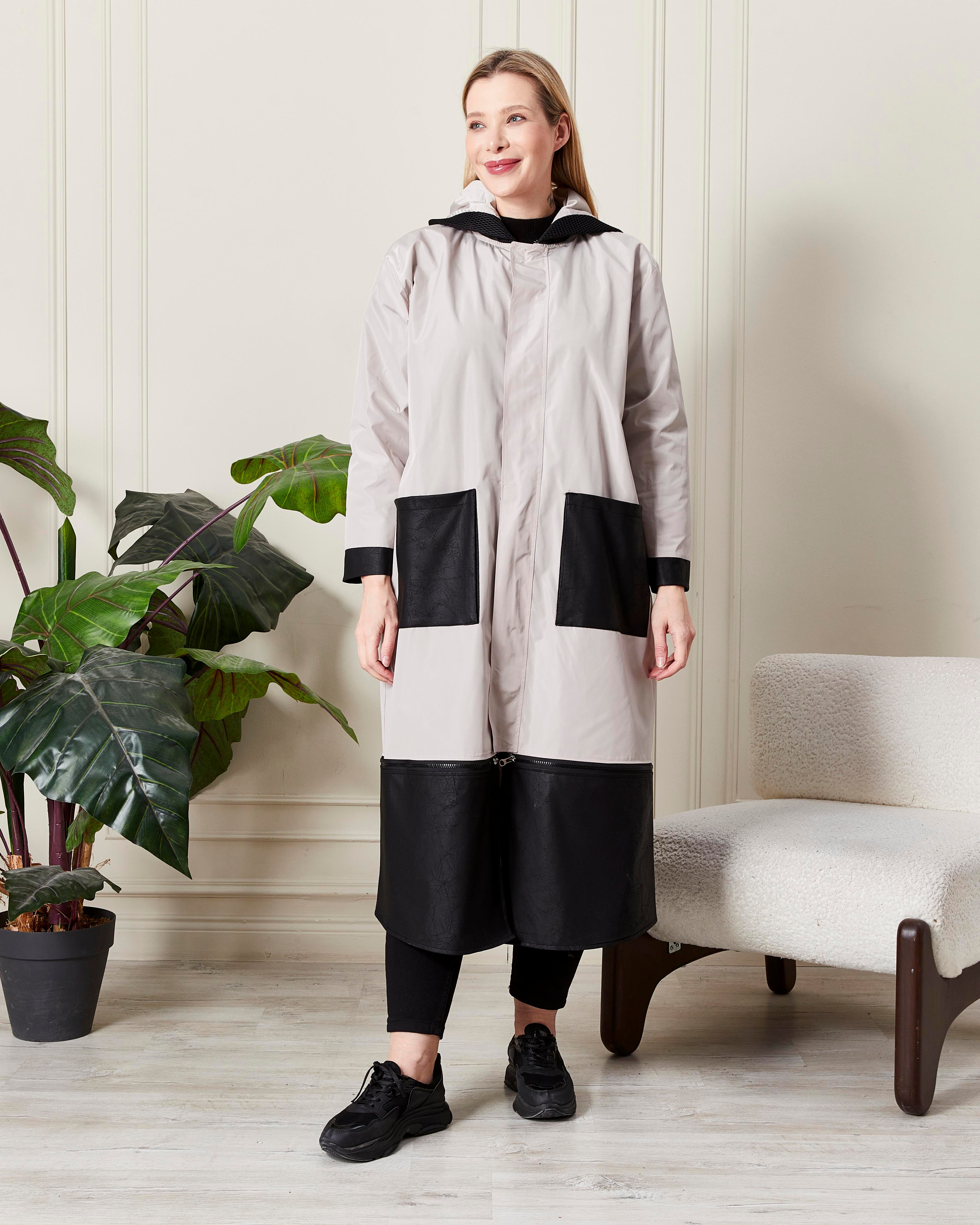 Modern Kesim Kapüşonlu Yağmurluk Krem