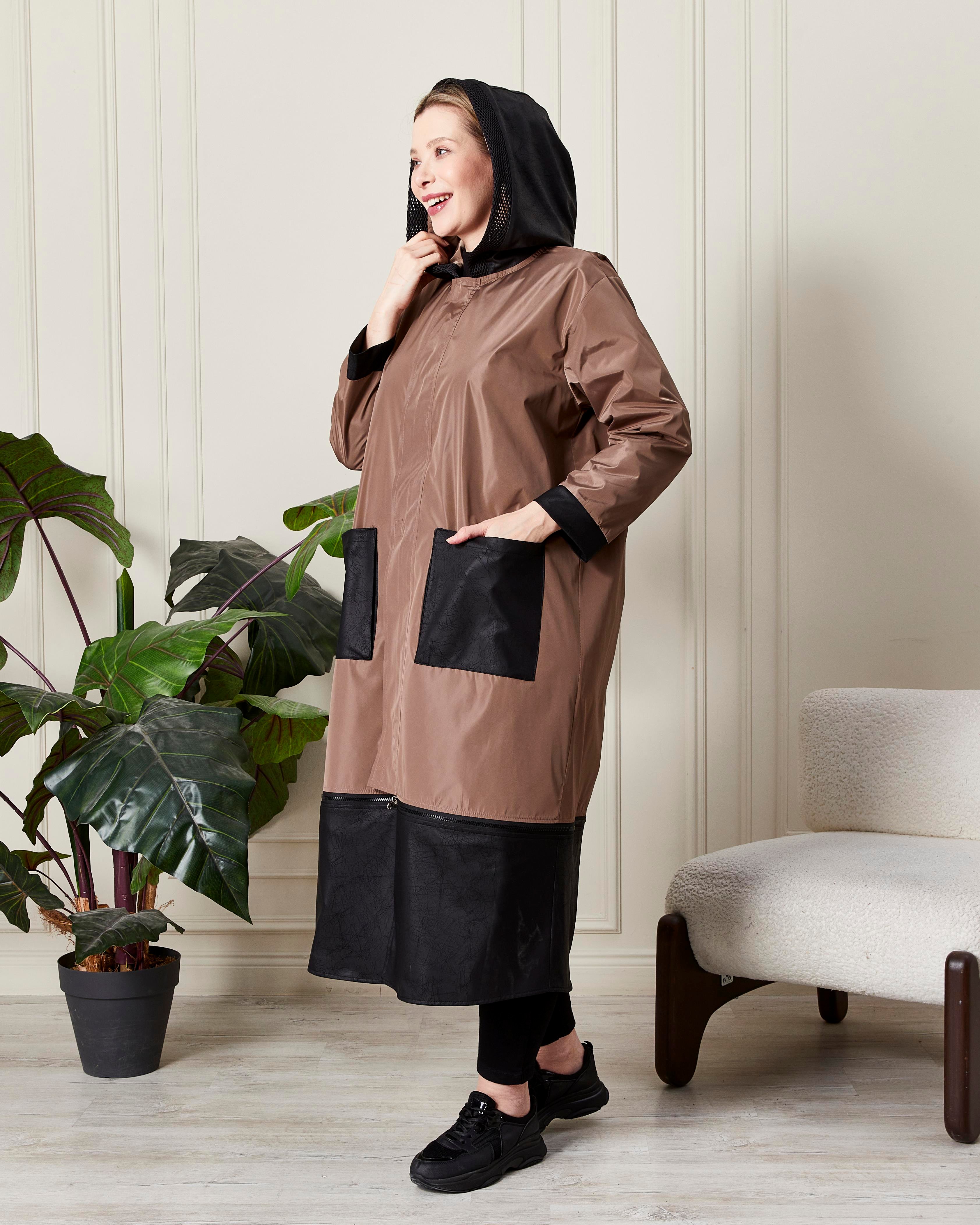 Modern Kesim Kapüşonlu Yağmurluk Vizon