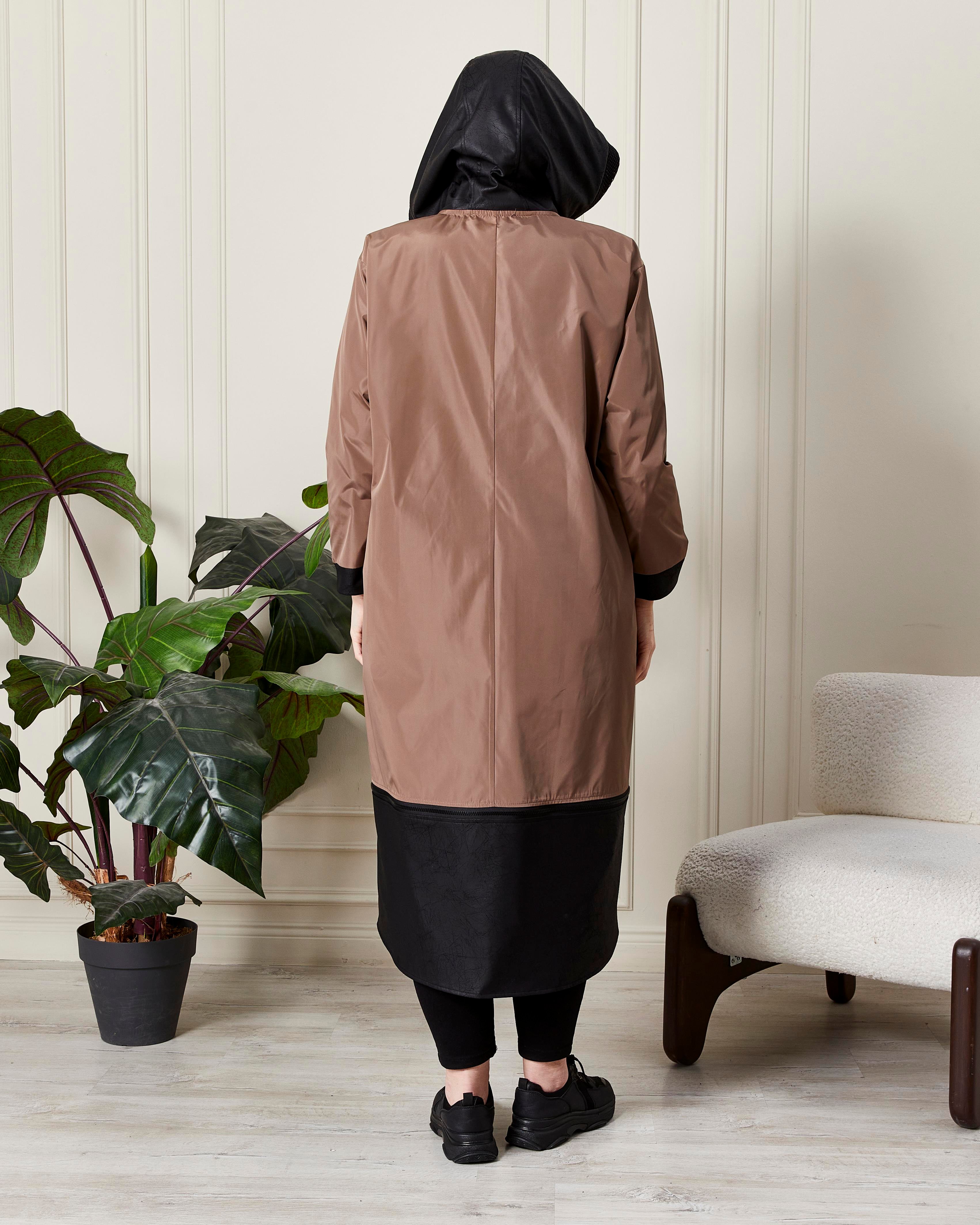 Modern Kesim Kapüşonlu Yağmurluk Vizon