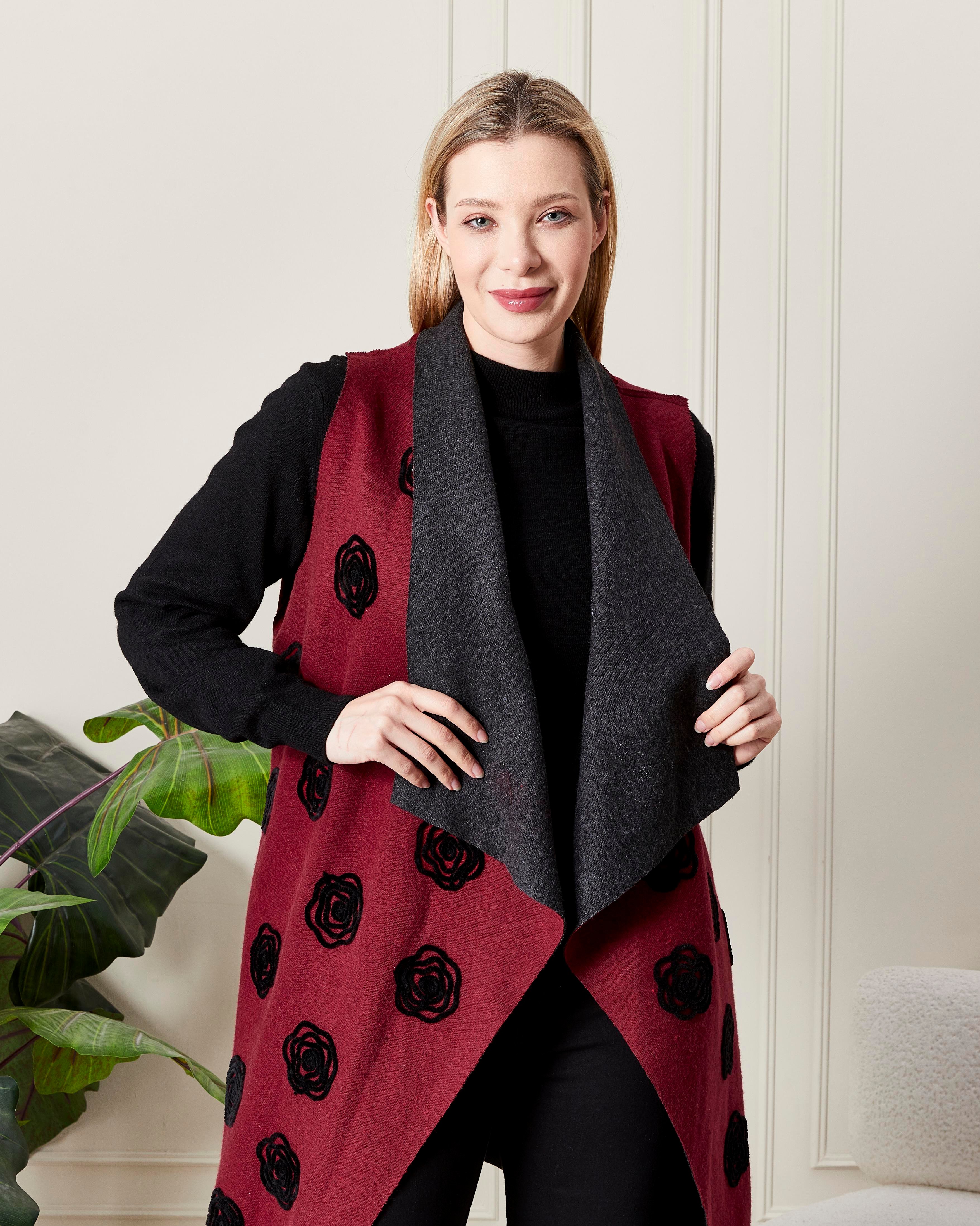 Nakış Detaylı Şal Yaka Uzun Yelek Bordo