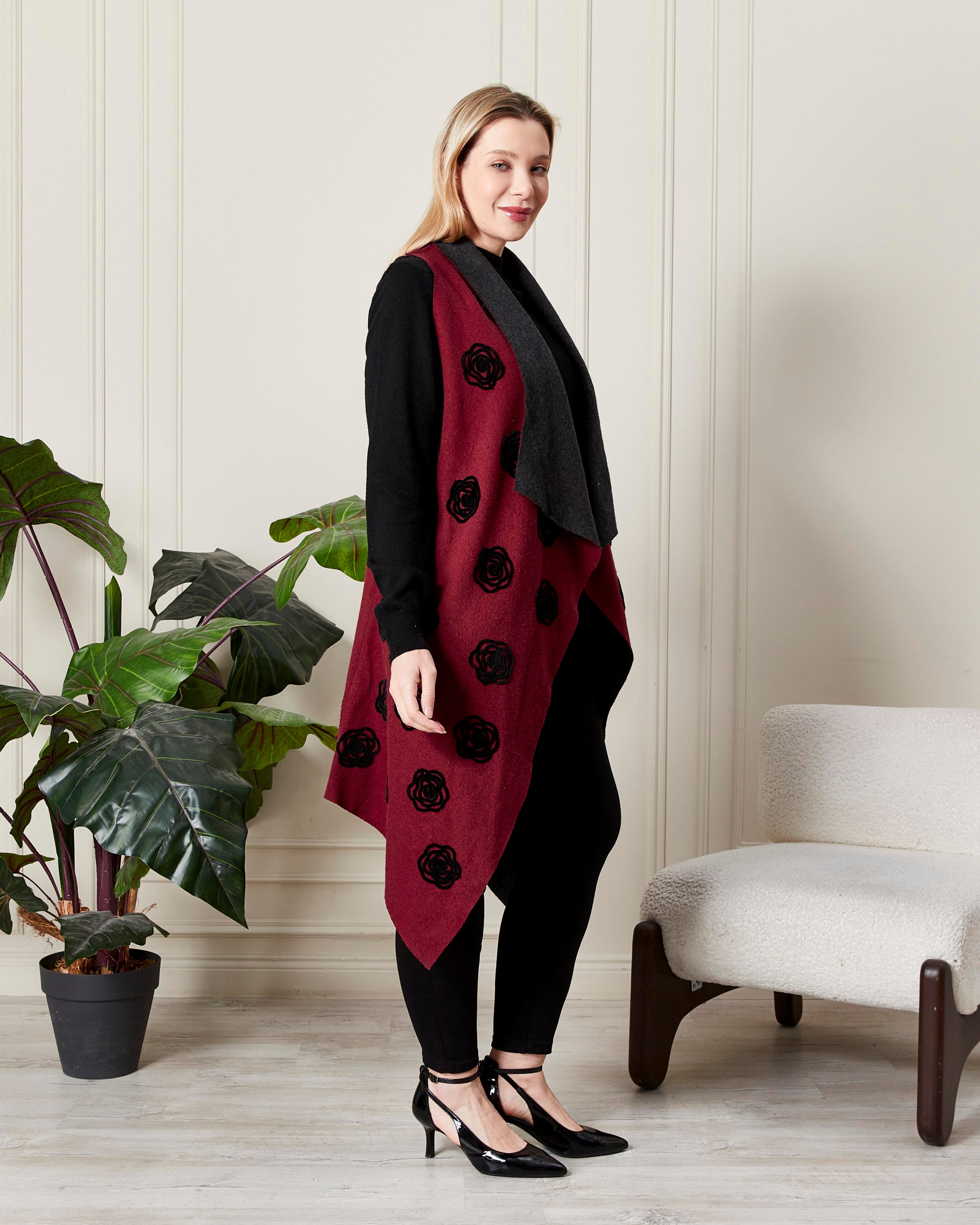 Nakış Detaylı Şal Yaka Uzun Yelek Bordo