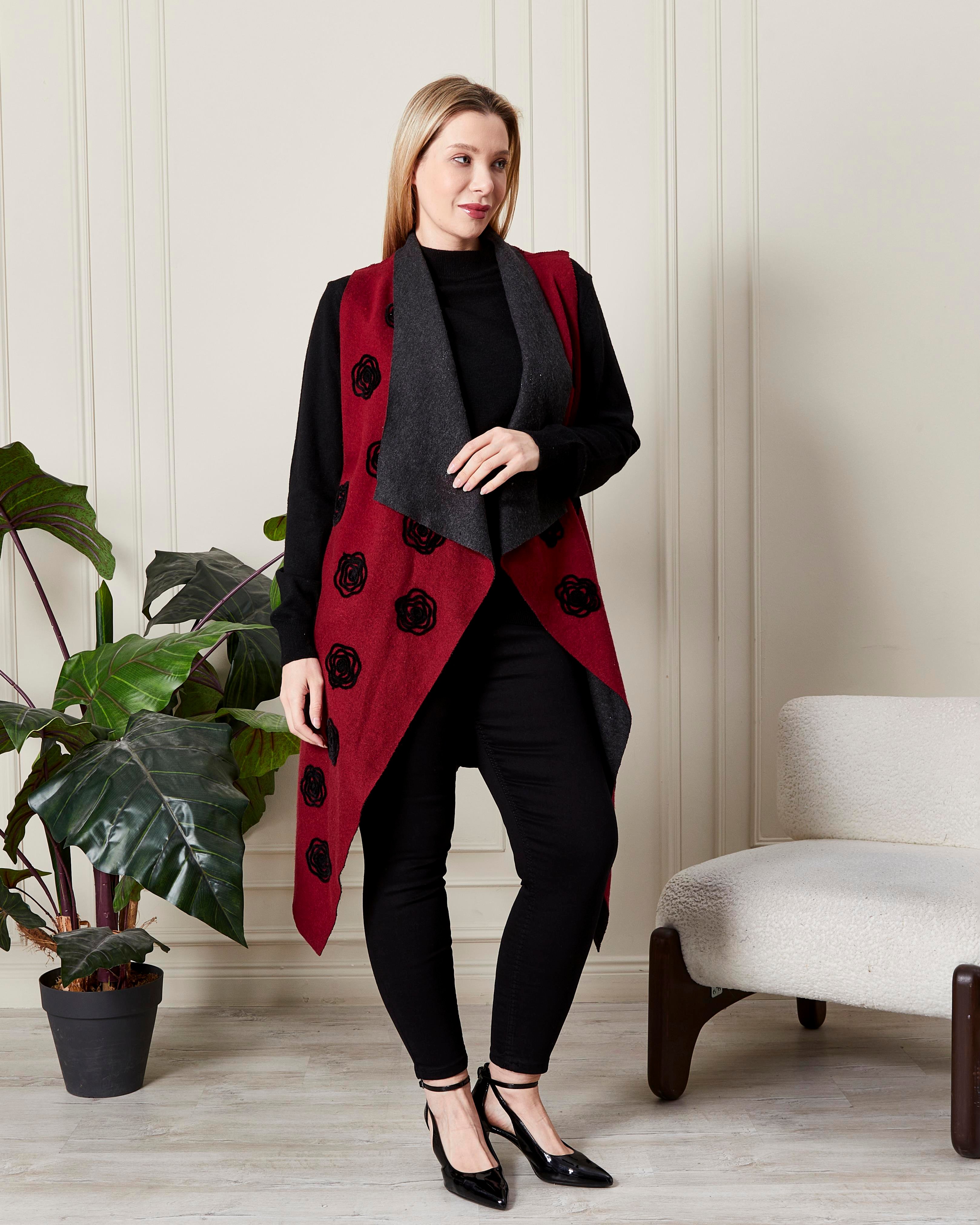 Nakış Detaylı Şal Yaka Uzun Yelek Bordo