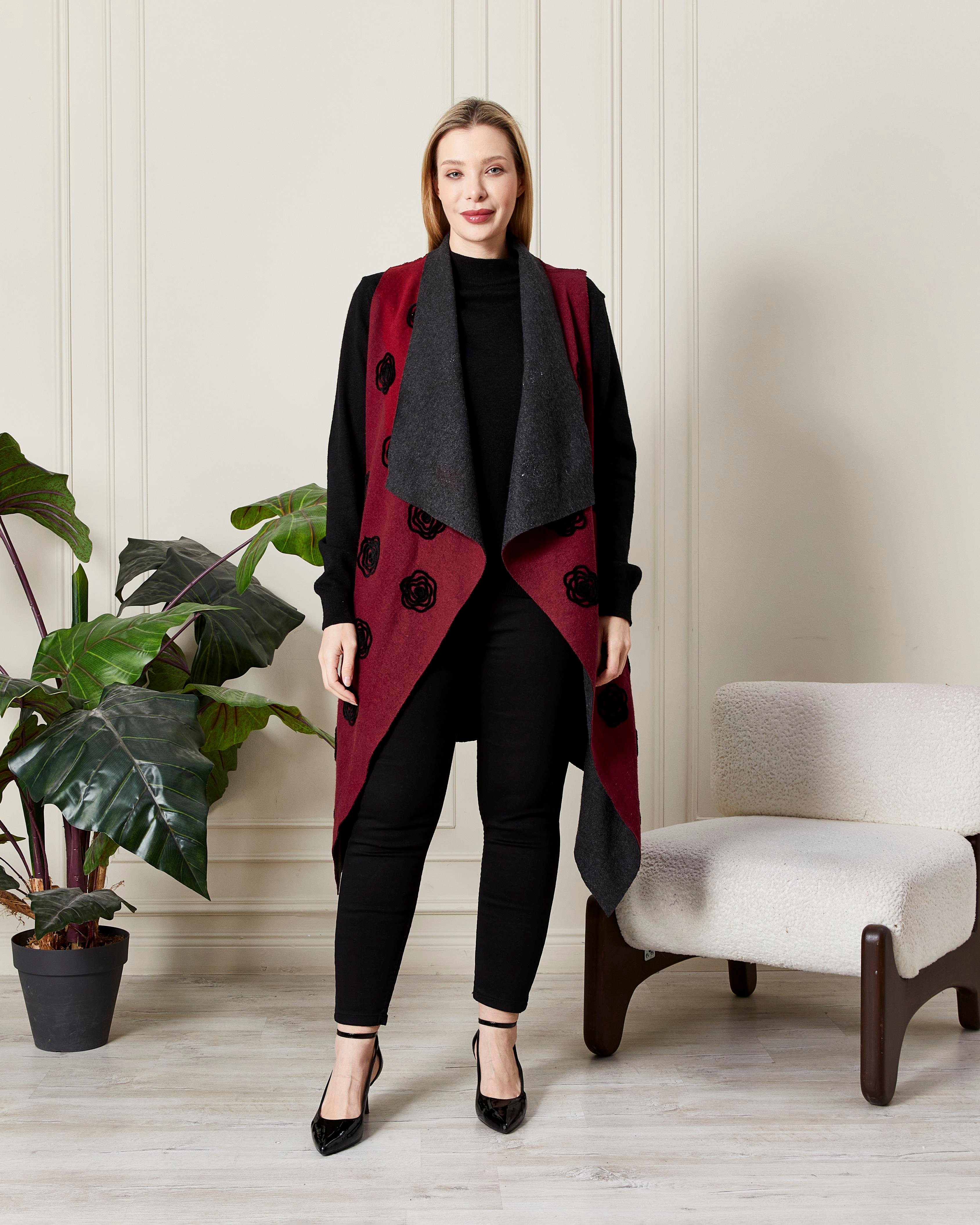 Nakış Detaylı Şal Yaka Uzun Yelek Bordo