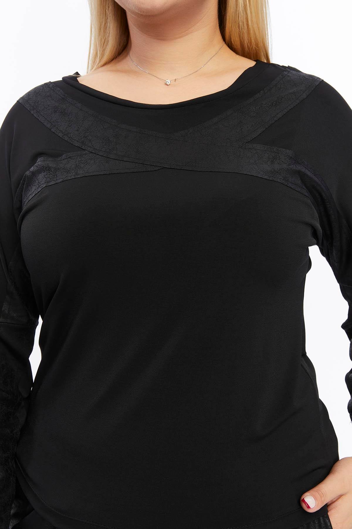 Önü Çapraz Deri Detaylı Büyük Beden Bluz Siyah