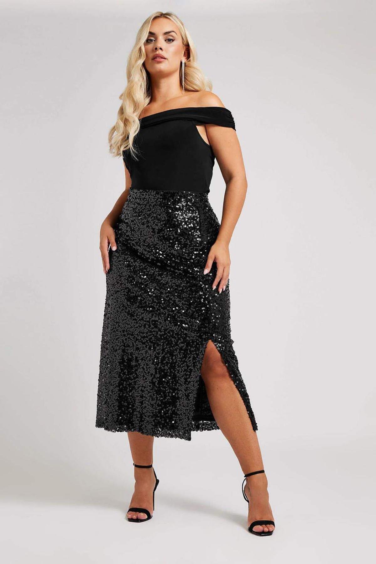 Payetli Yırtmaç Detaylı Büyük Beden Etek GLS6001 Siyah