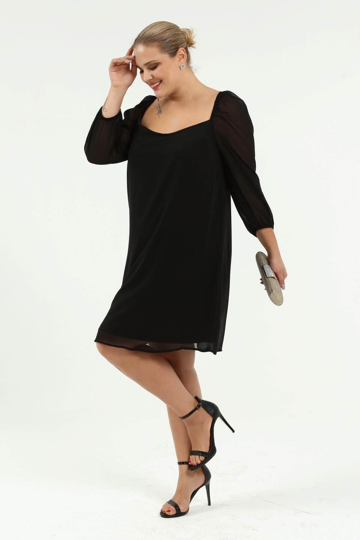 Prenses Kol Büyük Beden Şifon Elbise KL8043 Siyah