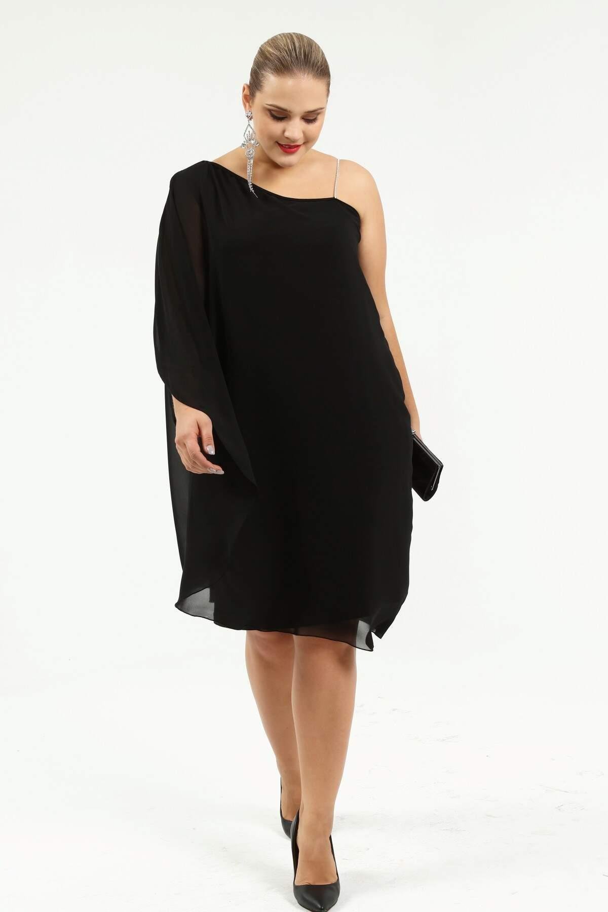 Tek Omuz Taş Askılı Büyük Beden Abiye Elbise 6060K Siyah