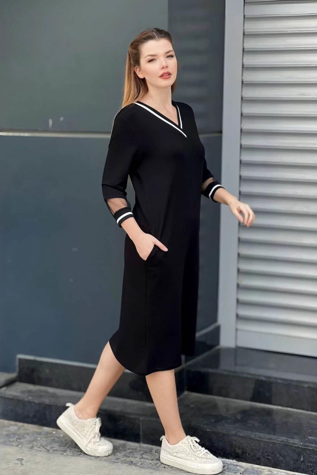 V Yaka Cepli Midi Boy Elbise Siyah