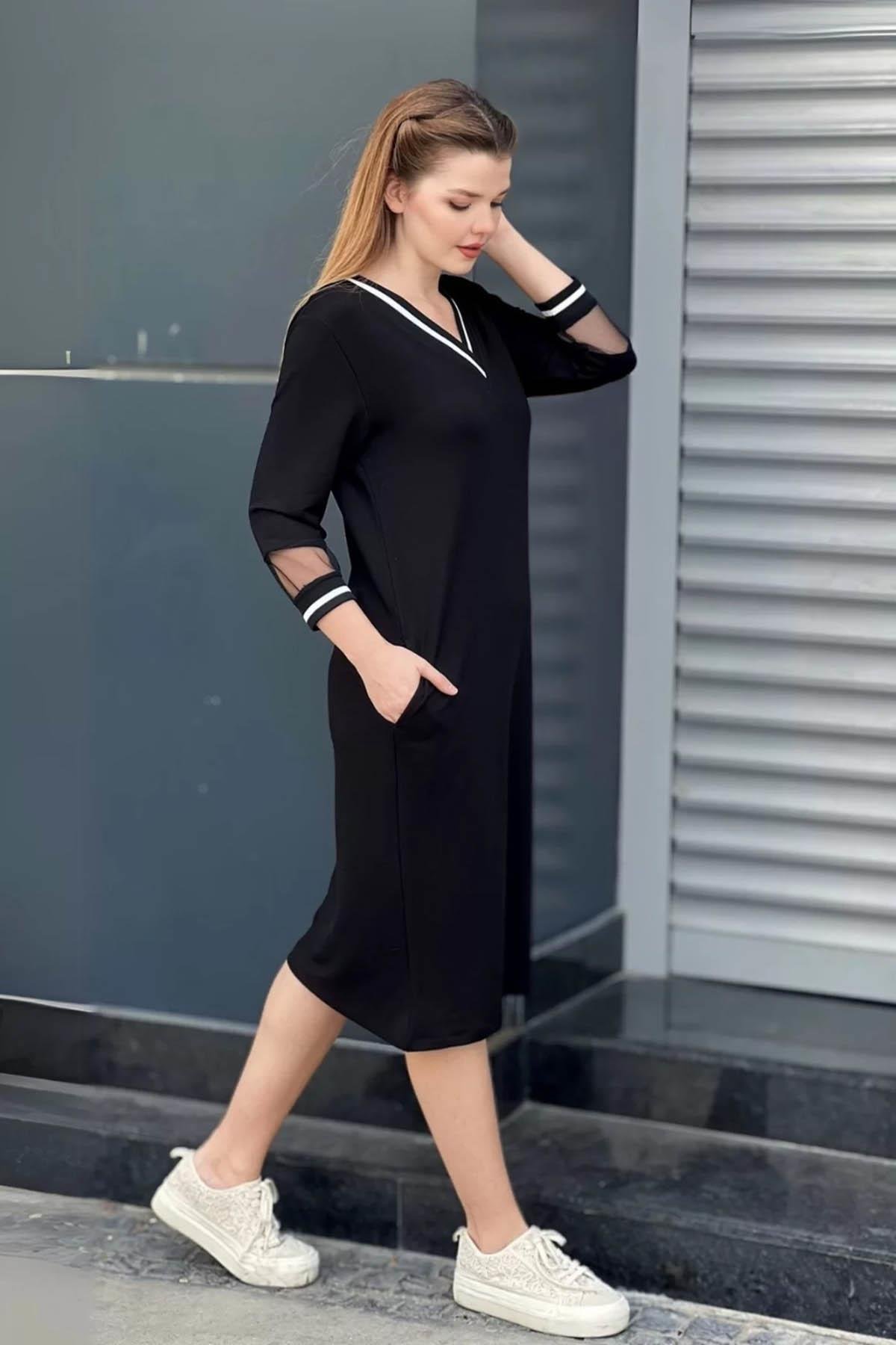 V Yaka Cepli Midi Boy Elbise Siyah