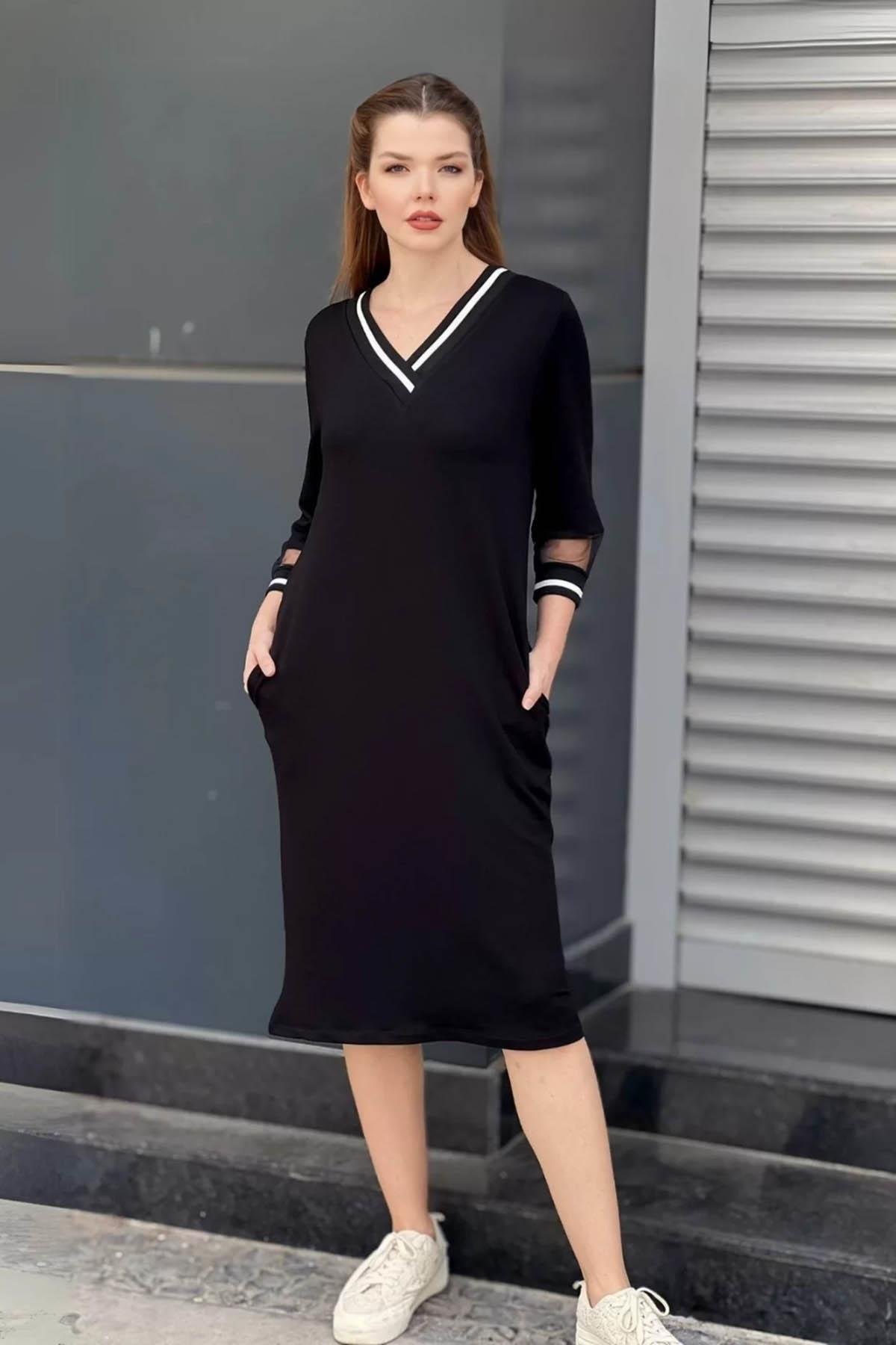 V Yaka Cepli Midi Boy Elbise Siyah