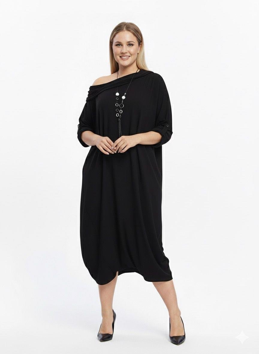 Viskon Likralı Oversize Elbise Siyah Siyah