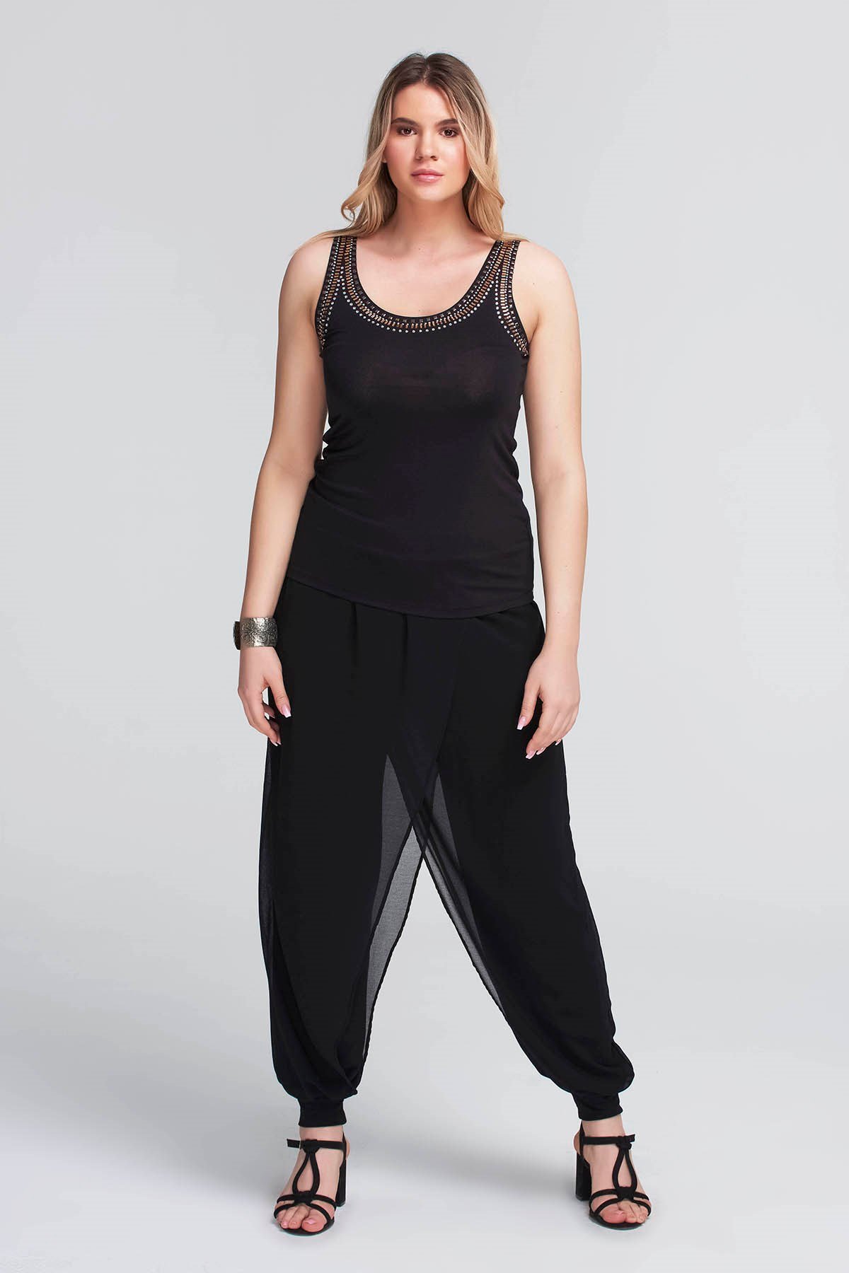 Zerotantik Anvelop Şifon Katlı Büyük Beden Şalvar Pantolon Siyah