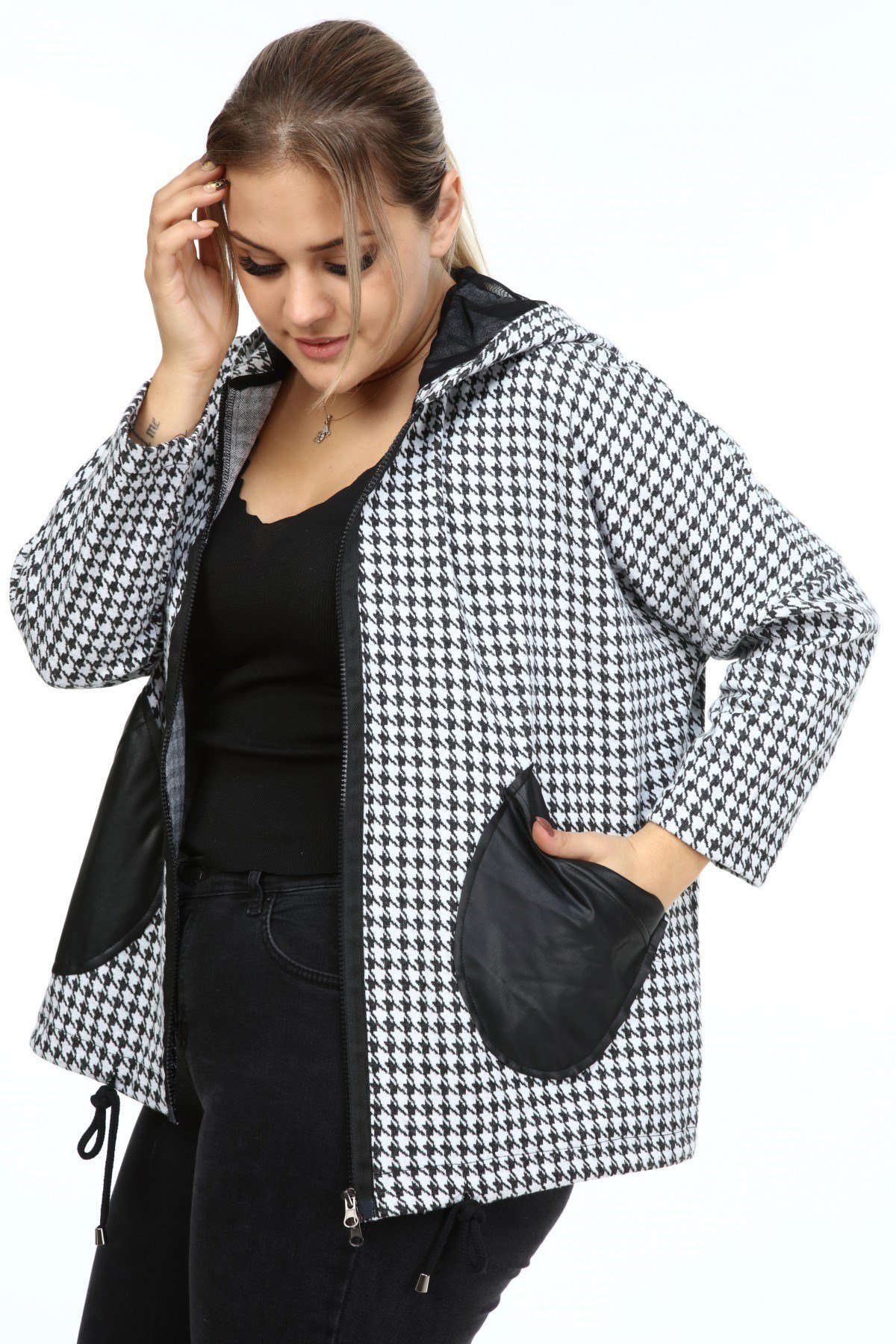 Zerotantik Deri Garnili Kazayağı Büyük Beden Mont Siyah