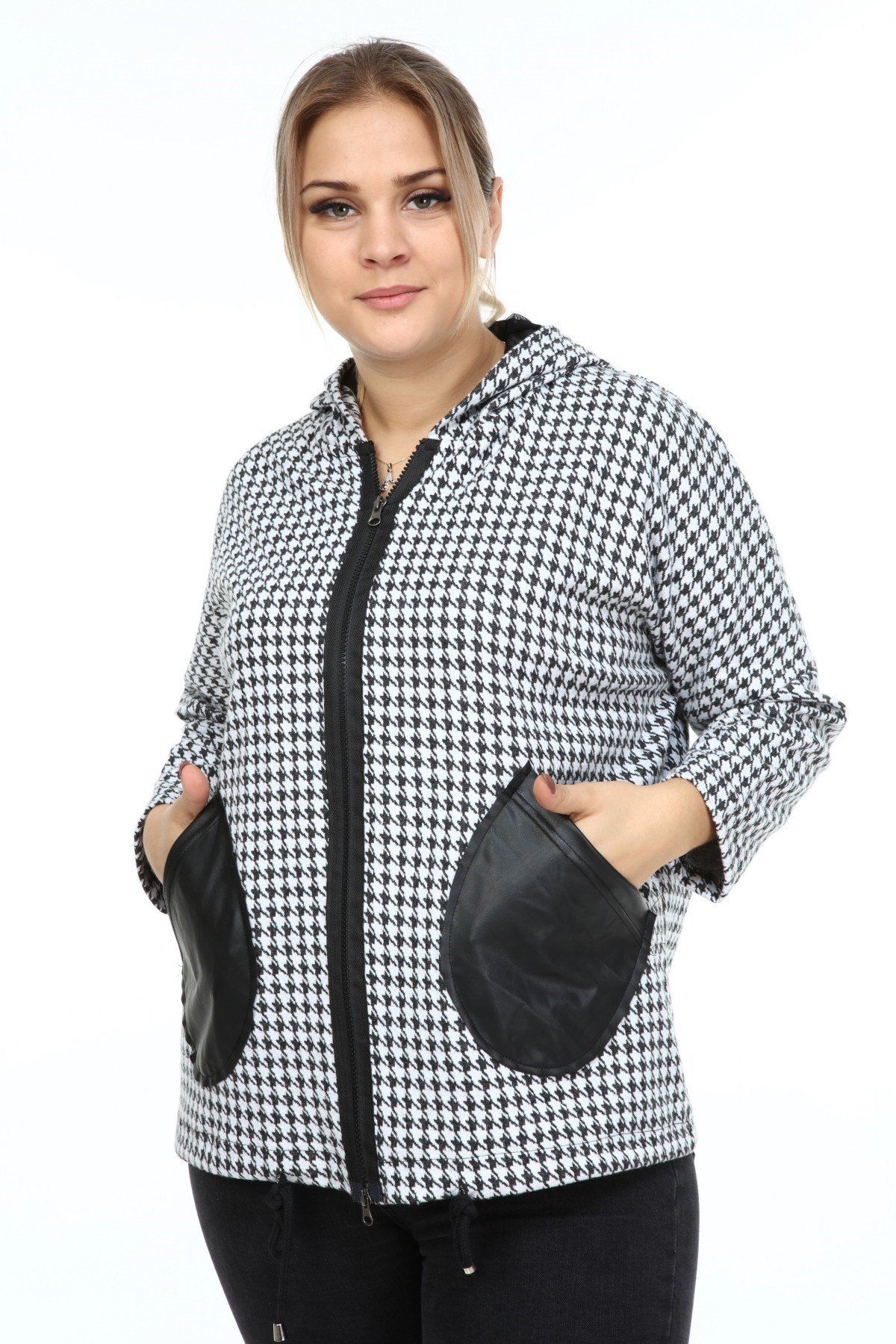 Zerotantik Deri Garnili Kazayağı Büyük Beden Mont Siyah