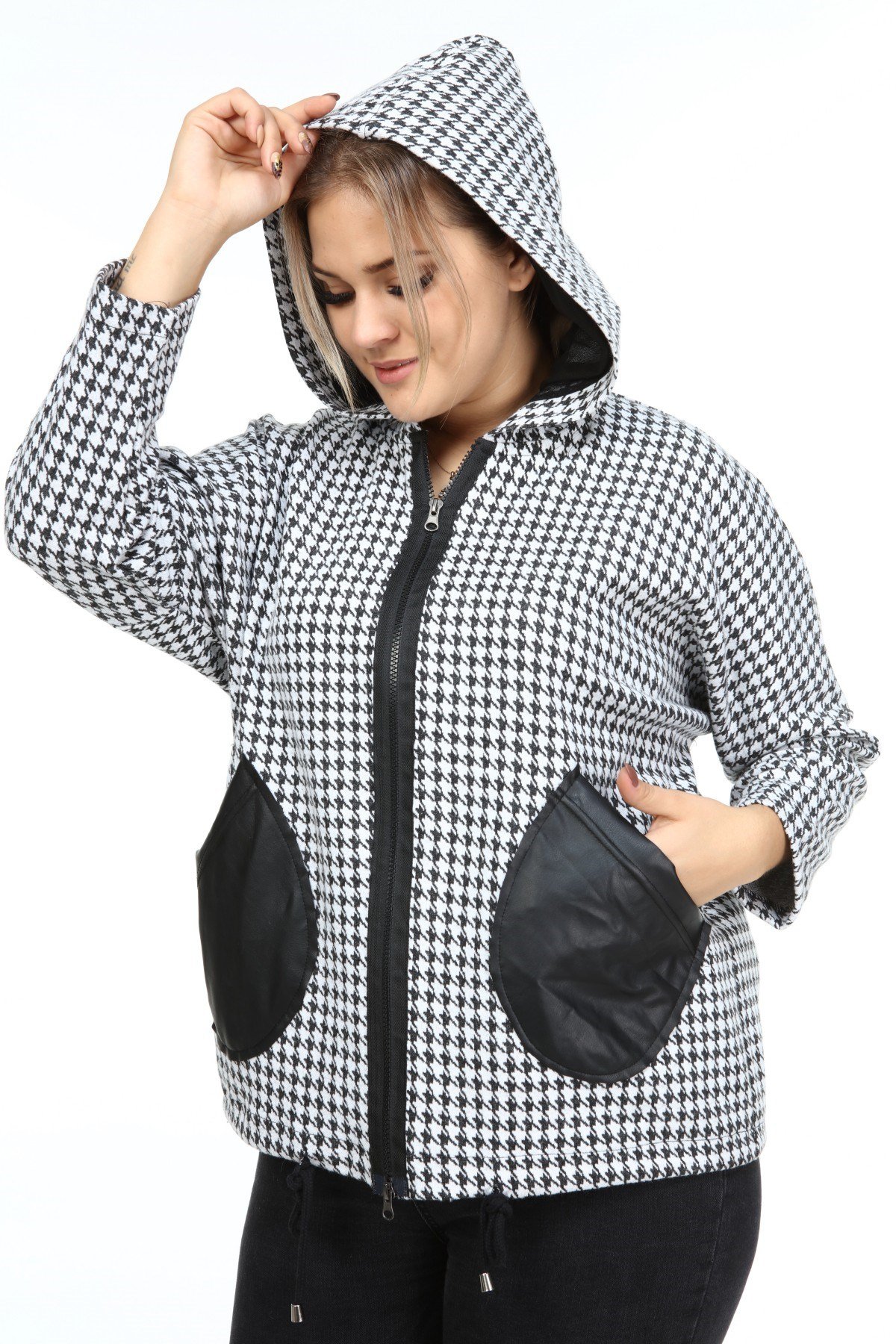 Zerotantik Deri Garnili Kazayağı Büyük Beden Mont Siyah