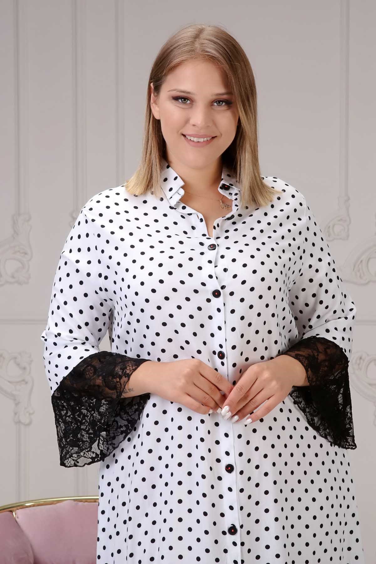 Zerotantik Eteği Dantel Puantiyeli Gömlek Elbise Beyaz