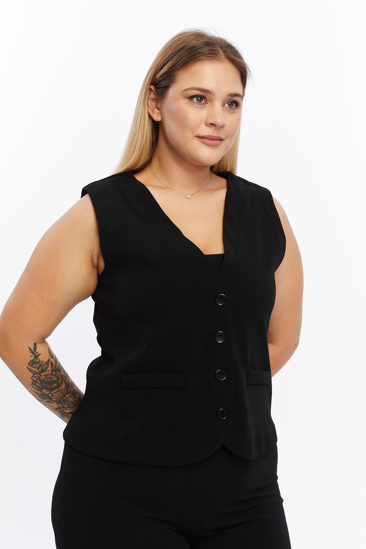 Zerotantik Önden Düğmeli V Yaka Yelek Siyah