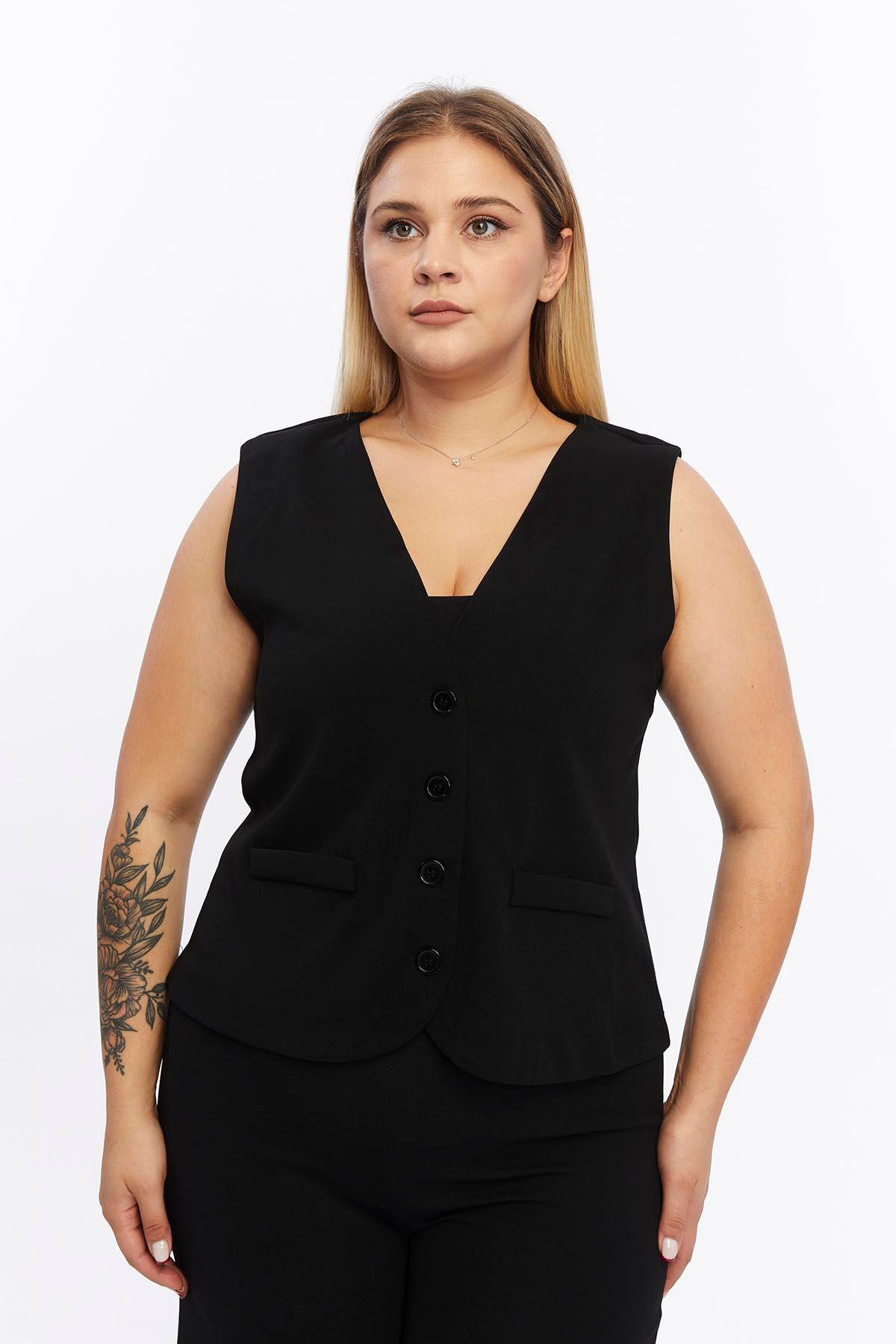 Zerotantik Önden Düğmeli V Yaka Yelek Siyah