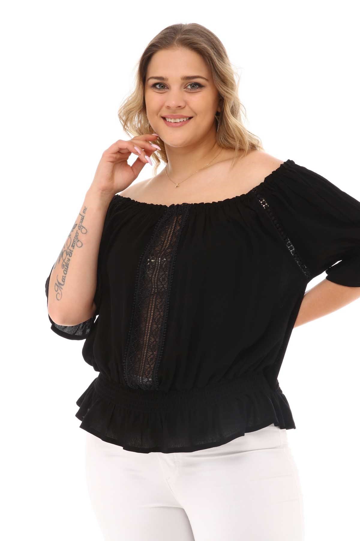 Zerotantik Yaka ve Beli Lastikli Crop Bluz Siyah