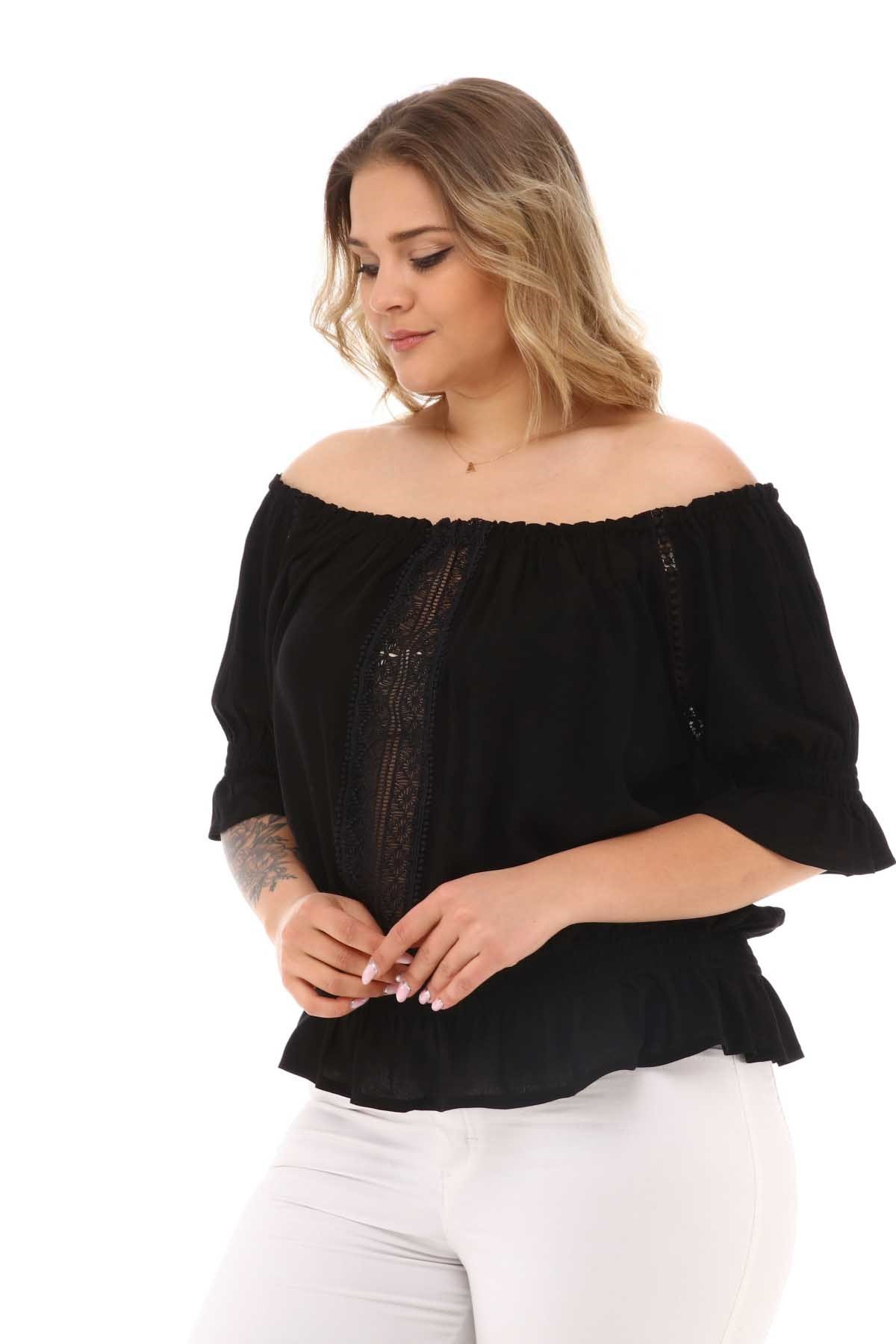Zerotantik Yaka ve Beli Lastikli Crop Bluz Siyah