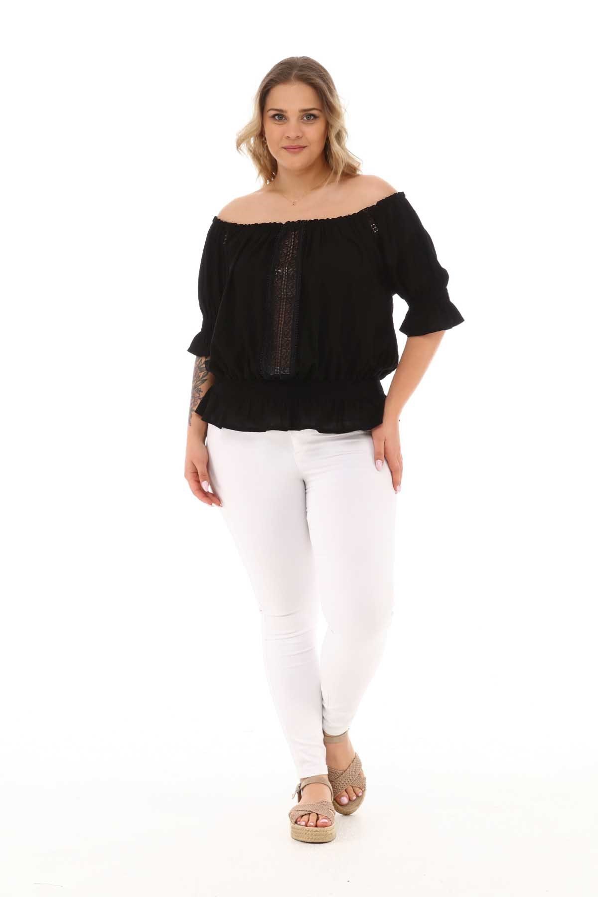 Zerotantik Yaka ve Beli Lastikli Crop Bluz Siyah