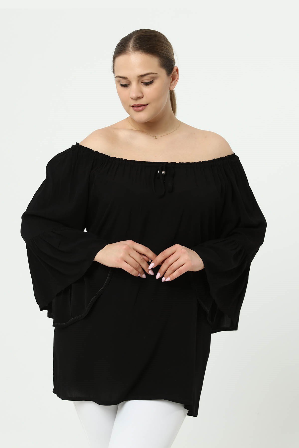 Zerotantik Yakası Lastikli Volankol Büyük Beden Tunik Siyah