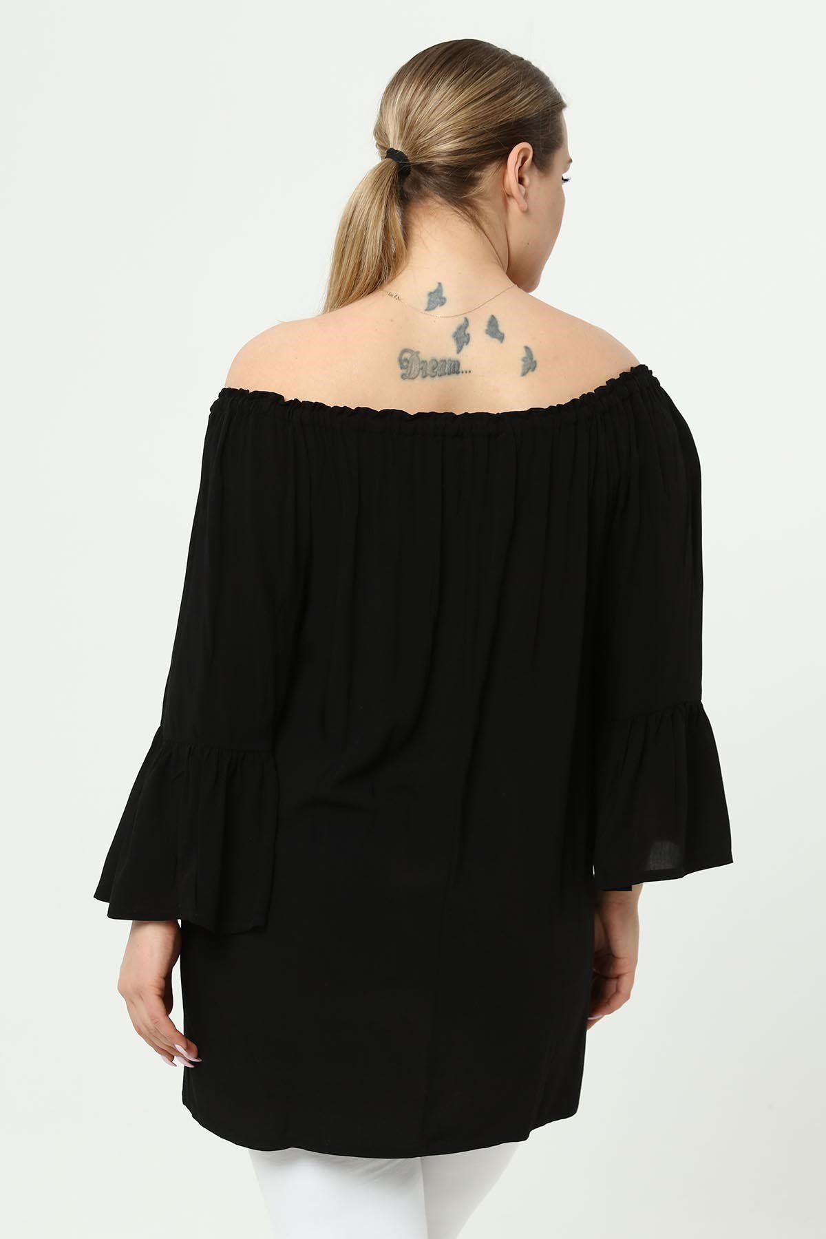 Zerotantik Yakası Lastikli Volankol Büyük Beden Tunik Siyah