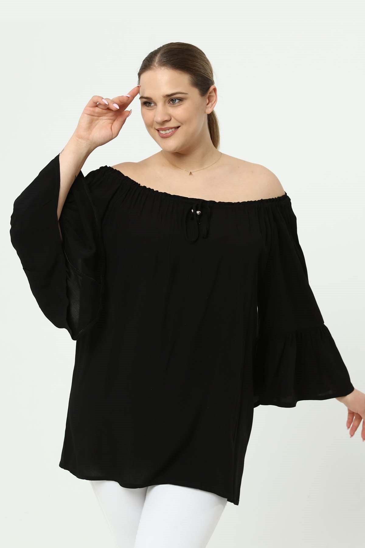 Zerotantik Yakası Lastikli Volankol Büyük Beden Tunik Siyah