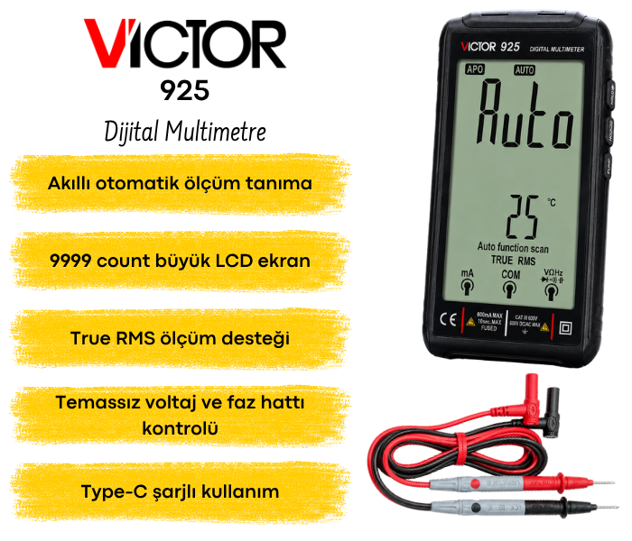 Victor 925 Büyük Ekranlı True RMS Akıllı Dijital Multimetre Multimetrebrand> zoofarm