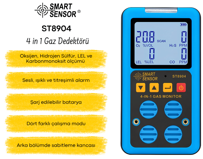 ST8904 Taşınabilir 4’lü Gaz Ölçüm Cihazı | O₂, CO, H₂S, LEL Yanıcı Gaz Dedektörleribrand> zoofarm