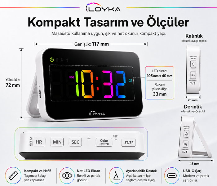 Loyka NEO RGB Renkli LED Dijital Saat | Şarjlı Işıklı Saatlerbrand> zoofarm