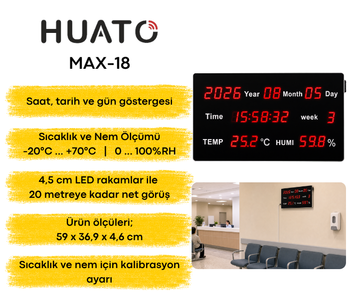 Huato MAX-18 Büyük Sıcaklık, Nem, Saat, Tarih Göstergesi | 4,5 cm Rakam Işıklı İç Ortam Saat Göstergebrand> zoofarm