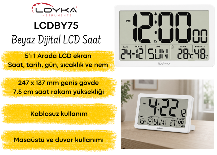 Loyka LCDBY75 Beyaz Dijital Saat | Tarih, Sıcaklık ve Nem Göstergeli KRONOMETRE VE ZAMANLAYICILOYKA zoofarm