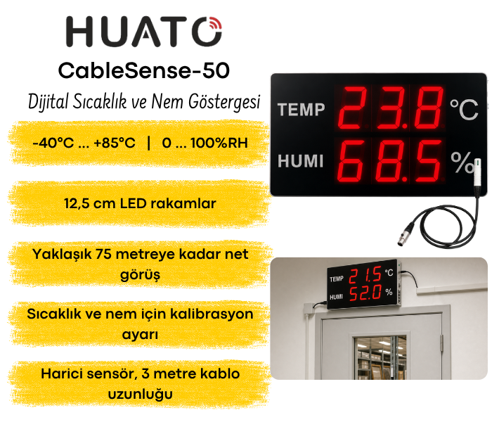 Huato CableSense-50 Kablolu Ekstra Büyük Sıcaklık Nem Göstergesi | 3 m Sensörlü | 12,5 cm Rakam Oda Termometreleribrand> zoofarm