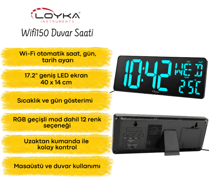 WİFİ150 RGB Renkli Büyük Ekranlı LED Dijital Saat | Sıcaklık ve Gün Gösterimi Işıklı İç Ortam Saat Göstergebrand> zoofarm