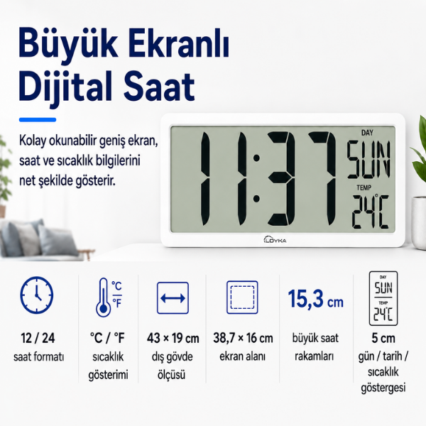 Loyka LCD200JUMBO Büyük Dijital Duvar Saati Işıklı İç Ortam Saat Göstergebrand> zoofarm