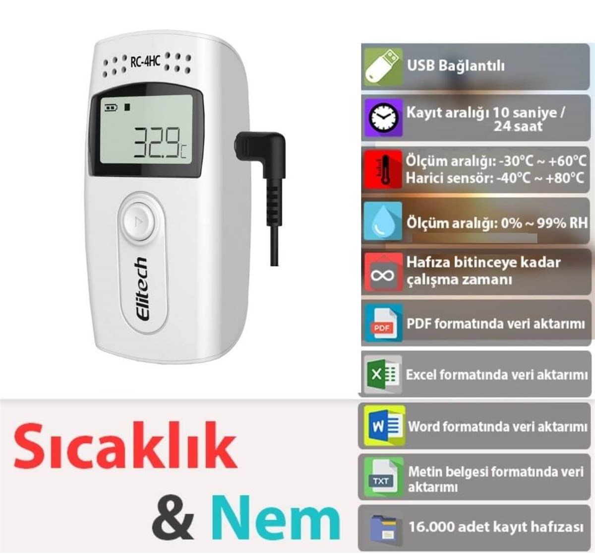 .RC-4HC Mini Sıcaklık ve Nem Kayıt Cihazı Datalogger TÜM ÖLÇÜM CİHAZLARIOLCUMCİHAZFİYAT zoofarm