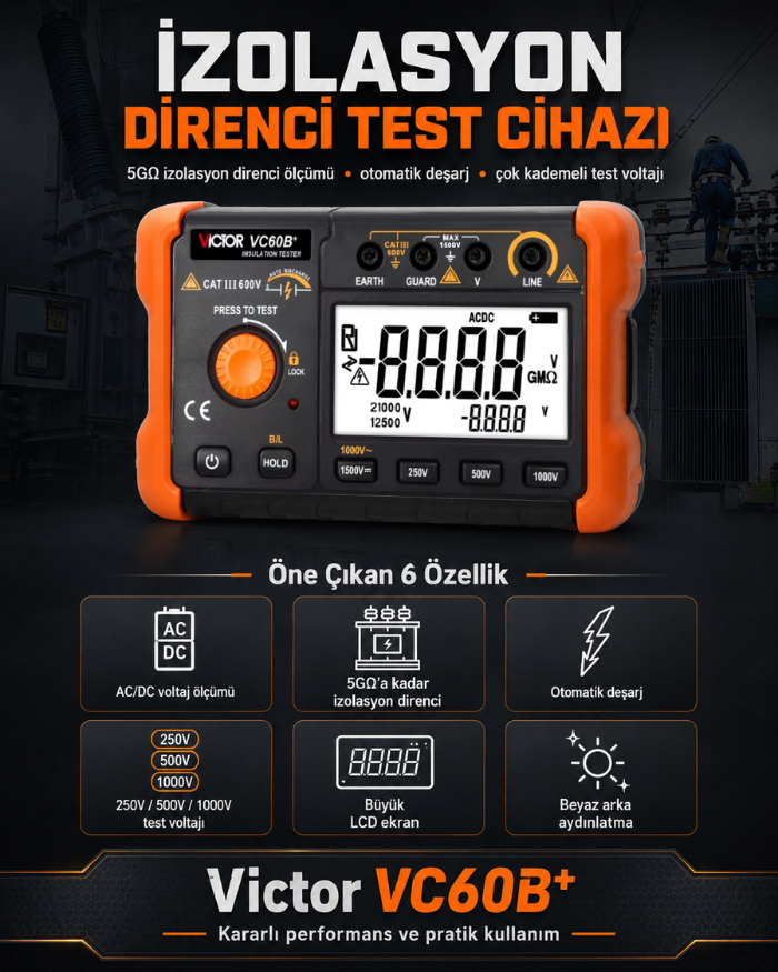 Victor VC60B+ İzolasyon Direnci Test Cihazı 5GΩ | 1000V Megaohmmetre Elektrik Ölçüm Cihazlarıbrand> zoofarm